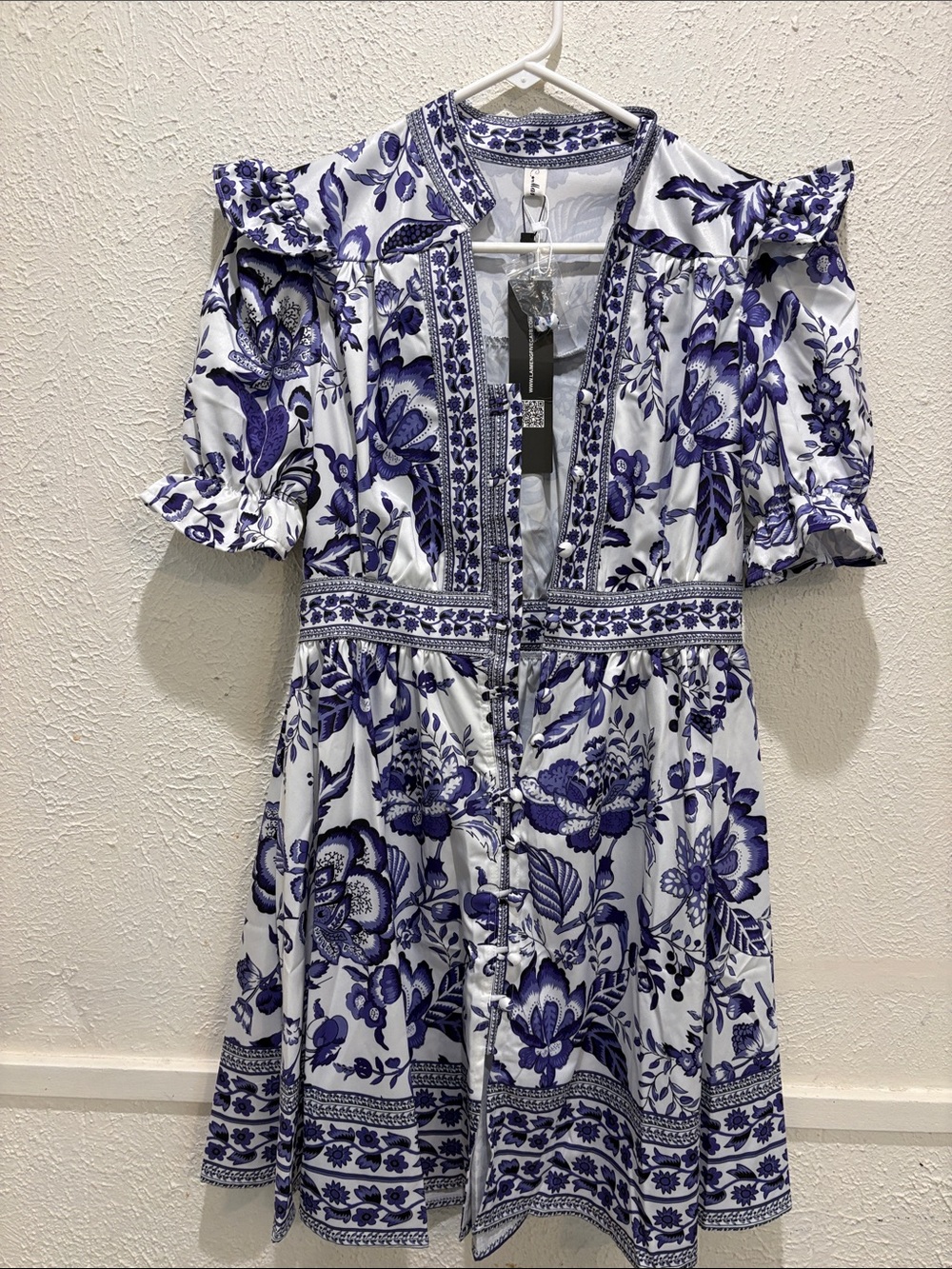 Blue & White Floral Mini Dress with Button Front